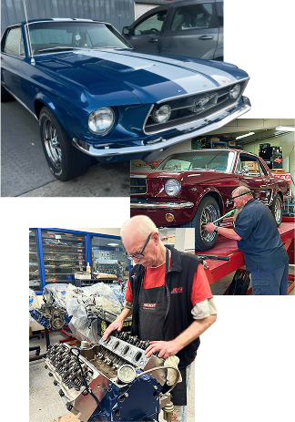 A collage of JBA Speed Shop including cars and JBA mechanics