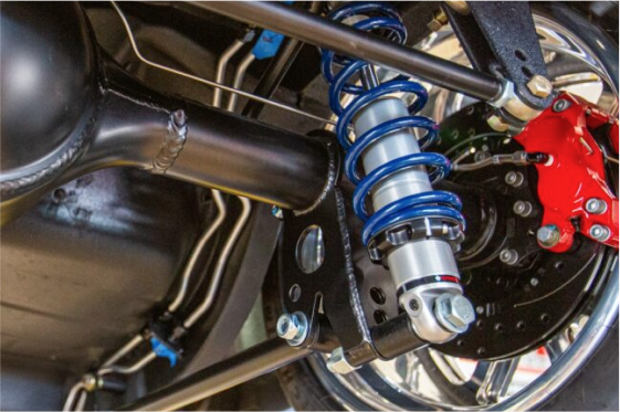 A close up shot of a car's suspension system