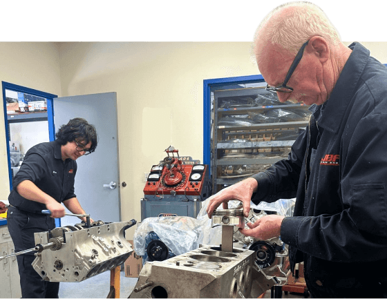 JBA Speed Shop engine builders assembling a high-performance engine optimized for torque, horsepower, and reliability in San Diego.